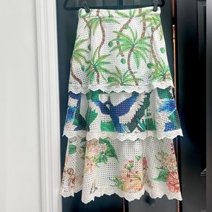 Farm Rio Kaia Mixed Palm Tiered Eyelet Midi Skirt palm tree bird print Small